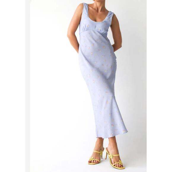 NWT Rumored North Country Forget Me Not Purple Floral Satin Midi Dress - Picture 1 of 16